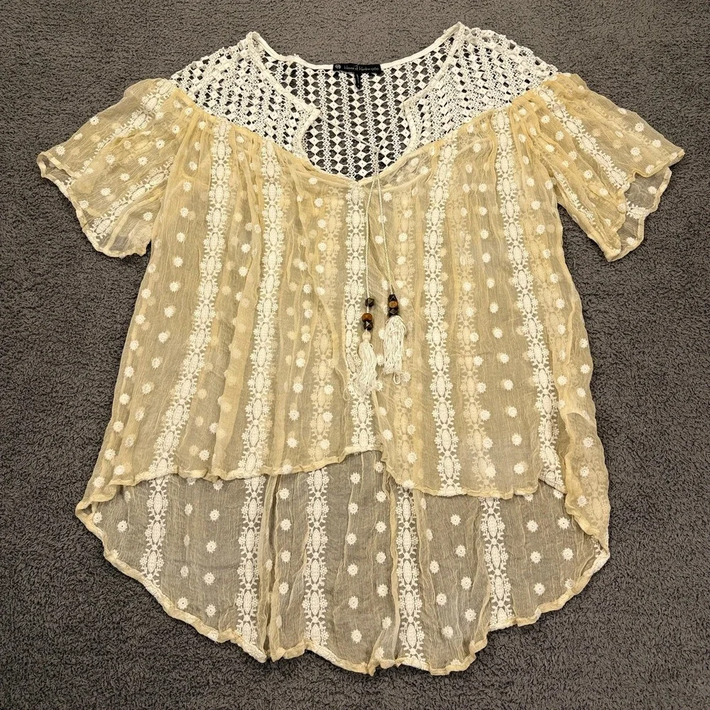 House of Harlow 1960 Shirt Womens Medium Silk Sheer Crochet Tassel Boho Fairy - Picture 1 of 12